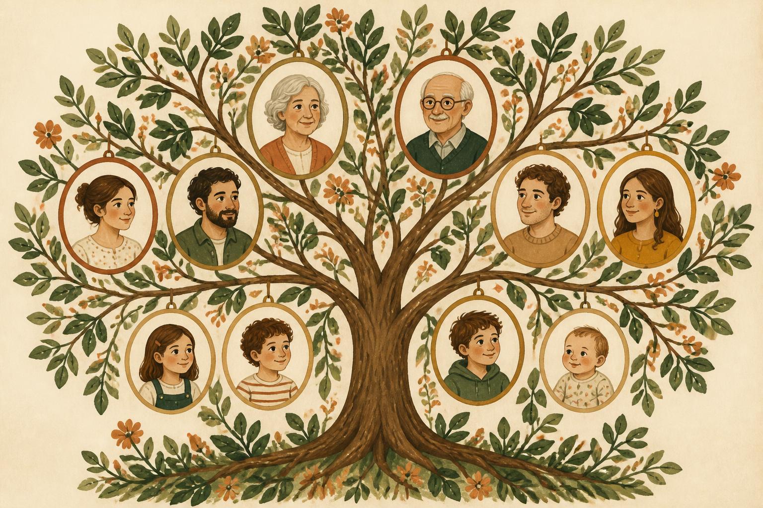 Illustration d'un arbre généalogique avec des portraits de famille